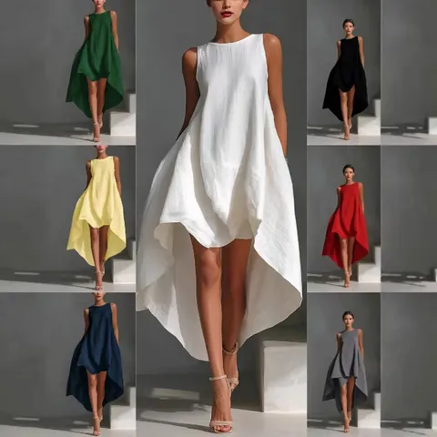 Women's Summer Sleeveless Round Neck Irregular High-Low Midi Dress Solid Color Loose Casual Beach Vacation Patchwork Dress