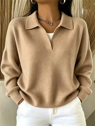 Damen Casual Loose Baumwollmischung Strickpullover Top Langarm Polokragen V-Ausschnitt Pullover Mode Rippstrickwaren Für Herbst Winter