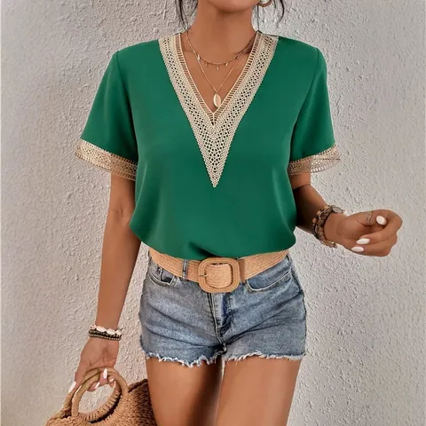 Women V Neck Crochet Lace Trim Short Sleeve T-Shirt Loose Casual Patchwork Commute Summer Top Polyester Solid Color Blouse