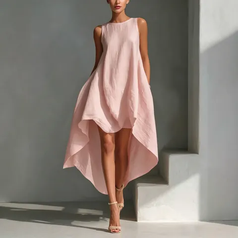 Women's Summer Sleeveless Round Neck Irregular High-Low Midi Dress Solid Color Loose Casual Beach Vacation Patchwork Dress