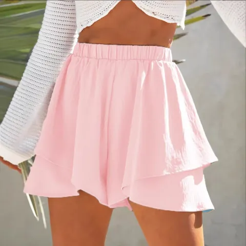 Women High Waist Ruffle Skort Shorts Summer Casual Solid Color Layered Stretchy Waist Polyester Skirt Shorts Bottoms