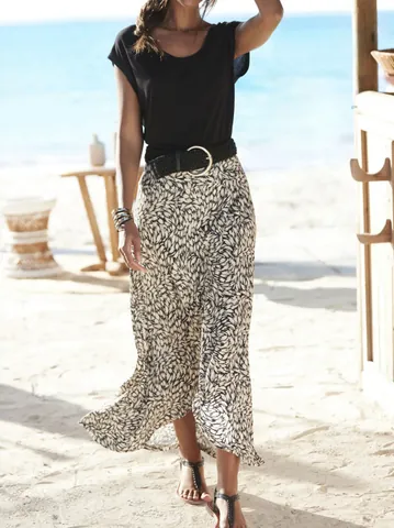 Women Vacation Style Printed Fishtail Midi Skirt Elastic Waist Polka Dot Leaf Pattern Beach Maxi Skirt Summer Casual Bottom