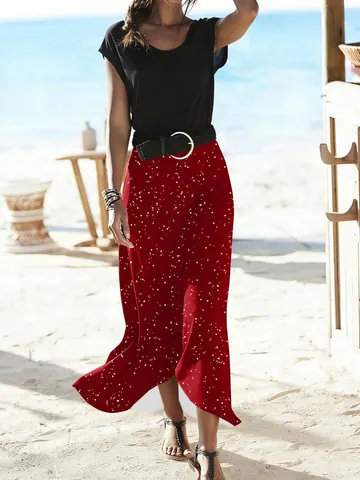 Women Vacation Style Printed Fishtail Midi Skirt Elastic Waist Polka Dot Leaf Pattern Beach Maxi Skirt Summer Casual Bottom