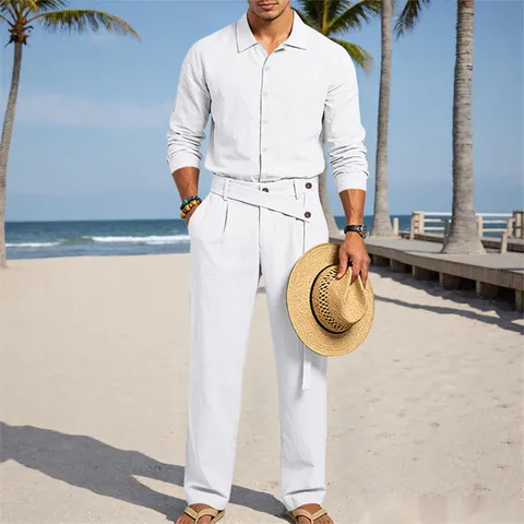 Herren Casual Leinen Zweiteiler Langarm Revers Hemd Und Hose Atmungsaktiv Baumwolle Leinen Urlaub Strand Wear Lose Loungewear