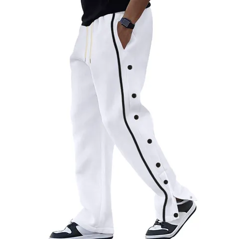 Men's Casual Sports Snap Button Trousers Loose Straight Fit Drawstring Long Pants Fashion Streetwear Autumn Apparel