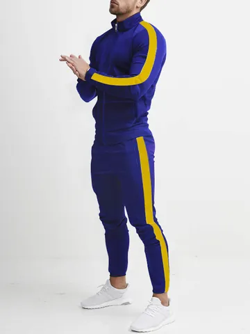 Men Casual Tracksuit Set Polyester Contrast Color Side Stripe Sportswear Long Sleeve Stand Collar Jacket And Pants Top And Bottom