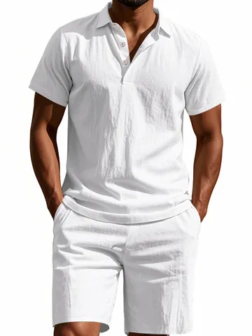 Ανδρικό Casual Σετ Polo από Μείγμα Λινού Αναπνεύσιμο Πέτο Κοντό Μανίκι Top And Shorts Set Μονόχρωμο Καλοκαιρινό Κοστούμι