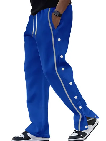Pantalon Homme Décontracté à Boutons-pression Rayures Latérales Fendu Jambe Droite Cordon de Serrage à la Taille Streetwear Athlétique