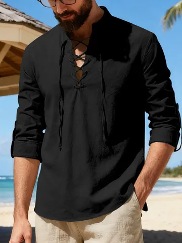 Men Casual Cotton Linen Henley Shirt Long Sleeve Lace Up V Neck Stand Collar Hippie Beach Medieval Retro Yoga Shirt Top