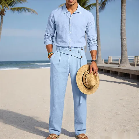 Herren Casual Leinen Zweiteiler Langarm Revers Hemd Und Hose Atmungsaktiv Baumwolle Leinen Urlaub Strand Wear Lose Loungewear