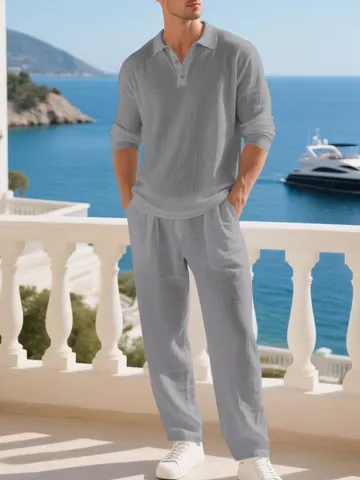 Ensemble Deux Pièces en Mélange de Lin pour Hommes Décontracté Respirant Ample Haut et Bas de Vacances Vêtements de Plage