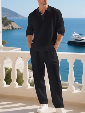 Ensemble Deux Pièces en Mélange de Lin pour Hommes Décontracté Respirant Ample Haut et Bas de Vacances Vêtements de Plage