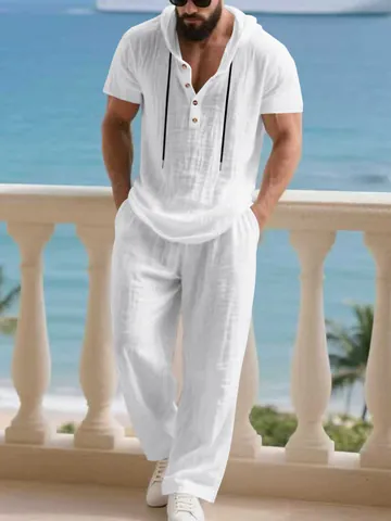 Completo Casual da Uomo in Lino Due Pezzi Hoodie a Manica Corta e Pantaloni Lunghi Traspirante Estate Spiaggia Tuta Leggera Top And Bottom