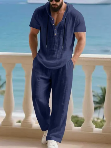 Completo Casual da Uomo in Lino Due Pezzi Hoodie a Manica Corta e Pantaloni Lunghi Traspirante Estate Spiaggia Tuta Leggera Top And Bottom