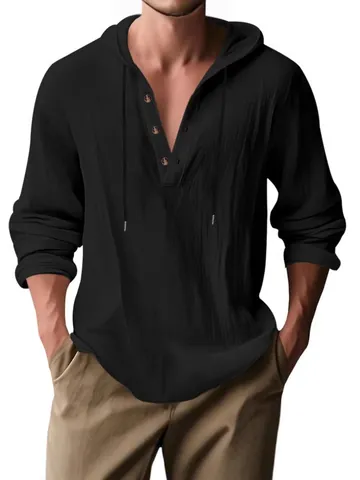 Men's Casual Linen Hooded Shirt Long Sleeve Henley Neck Loose Fit Solid Color Summer Beach Breathable Pullover Hoodie Shirt