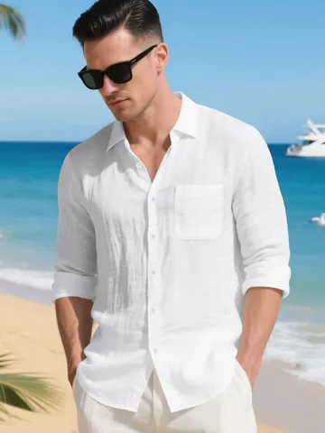 Men Casual Linen Shirt Long Sleeve Lapel Button Down Beach Shirt Solid Color Loose Fit Resort Wear Men Tops