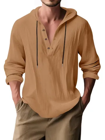 Men's Casual Linen Hooded Shirt Long Sleeve Henley Neck Loose Fit Solid Color Summer Beach Breathable Pullover Hoodie Shirt