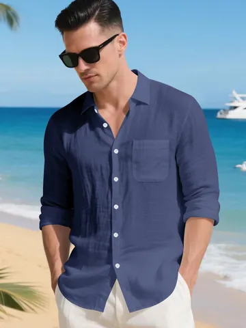 Men Casual Linen Shirt Long Sleeve Lapel Button Down Beach Shirt Solid Color Loose Fit Resort Wear Men Tops