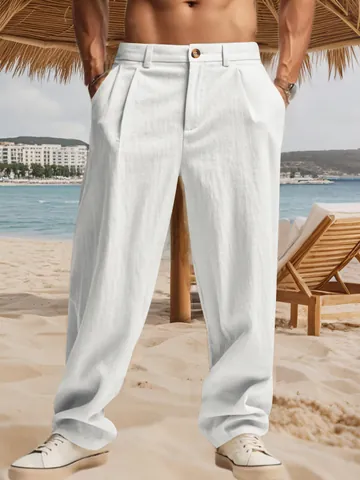 Pantaloni Uomo Casual in Misto Lino Larghi Traspiranti a Gamba Dritta Pantaloni da Abito Business con Design a Cintura