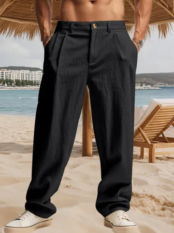 Pantaloni Uomo Casual in Misto Lino Larghi Traspiranti a Gamba Dritta Pantaloni da Abito Business con Design a Cintura