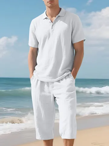 Completo da Uomo Casual in Misto Lino Polo a Maniche Corte e Pantaloni Capri da Spiaggia Set Estivo Traspirante Largo