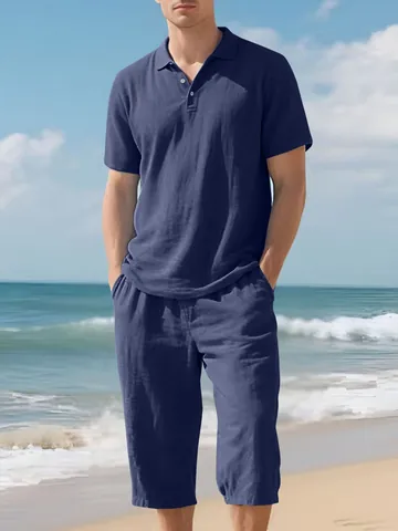 Completo da Uomo Casual in Misto Lino Polo a Maniche Corte e Pantaloni Capri da Spiaggia Set Estivo Traspirante Largo