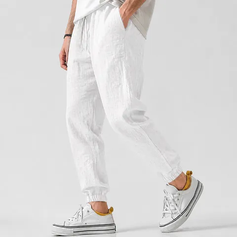 Men's Casual Linen Blend Joggers Breathable Cotton Linen Loose Fit Comfortable Drawstring Elastic Waist Pants For Sports Outdoor