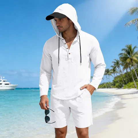 Completo da Spiaggia in Lino Casual da Uomo Top E Bottom a Maniche Lunghe con Cappuccio Traspirante Vestibilità Larga in Misto Lino
