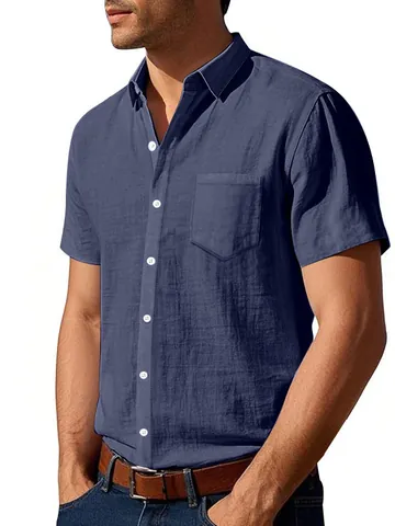 Camicia da Uomo in Misto Lino Casual a Maniche Corte Traspirante Tinta Unita Revers Bottoni Top con Tasca sul Petto per Spiaggia