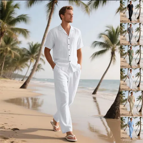 Men's Summer Linen Blend Set Short Sleeve Button Up Shirt And Long Pants Casual Beach Vacation Outfits Top And Bottom