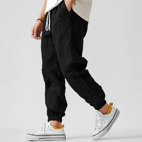 Men's Casual Linen Blend Joggers Breathable Cotton Linen Loose Fit Comfortable Drawstring Elastic Waist Pants For Sports Outdoor