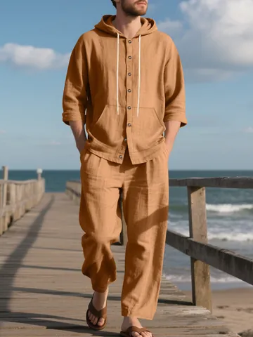 Heren Casual Linnen Set Hoodie Lange Mouwen Shirt En Broek Tweedelig Strand Outfit Losjes Geweven Effen Kleur Zomerpakken