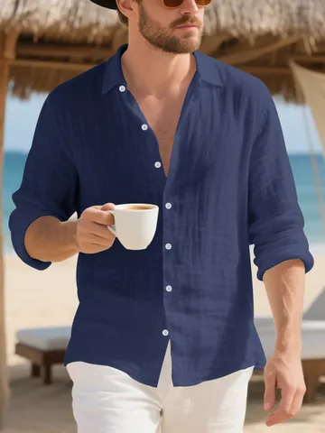 Men's Linen Blend Long Sleeve Shirt Casual Beach Button Down Shirt Loose Fit Lapel Collar Vacation Top For Men