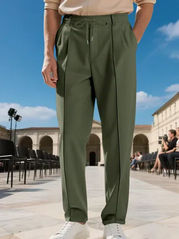 Pantalones Business Casual de Pierna Recta para Hombre Poliéster Color Sólido Cintura con Cordón para Oficina Viaje
