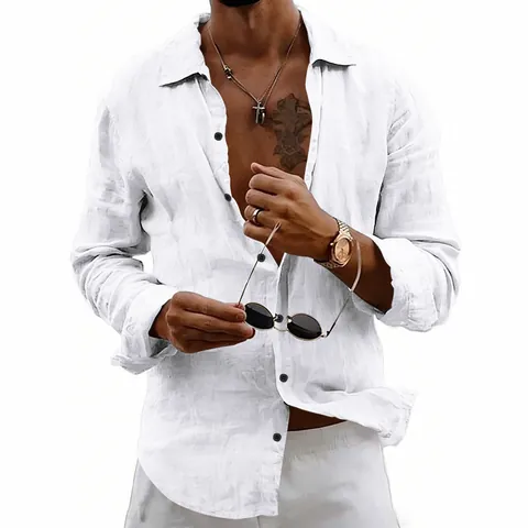 Chemise en Lin Décontractée pour Hommes Manches Longues Ample Respirante Vintage à Boutons Col à Revers Haut d'Été Plage Vacances Couleur Unie