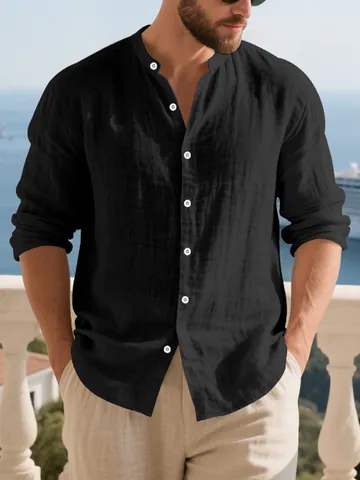 Men Casual Linen Henley Shirt Long Sleeve Mandarin Collar Solid Color Summer Beach Woven Breathable Top