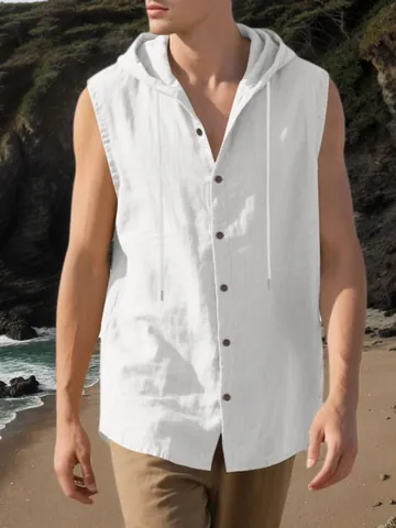 Men's Casual Linen Sleeveless Hooded Shirt Summer Breathable Loose Button Down Top Beach Vacation Vest With Drawstring