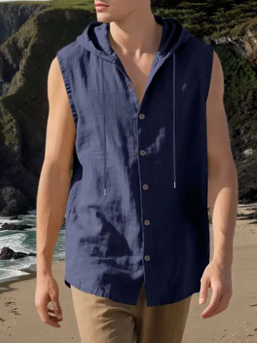 Men's Casual Linen Sleeveless Hooded Shirt Summer Breathable Loose Button Down Top Beach Vacation Vest With Drawstring