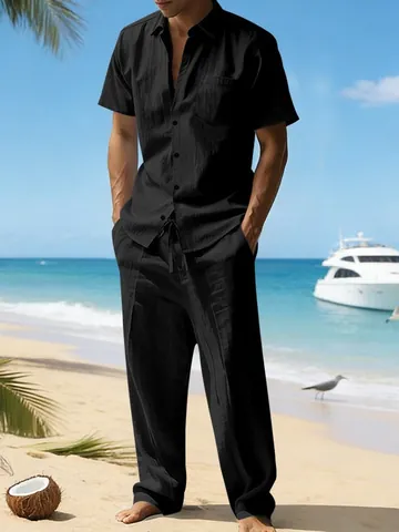 Conjunto Casual de Lino para Hombre Camisa de Manga Corta y Pantalón Largo Color Sólido Ropa de Verano para Playa Parte Superior e Inferior