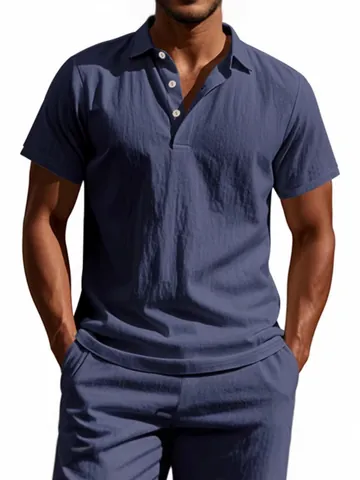 Polo de Lino para Hombre Verano Manga Corta Casual Hawaiano Holgado Transpirable Tejido Lino Poliéster Polo Top