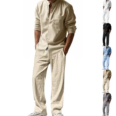 Set Casual da Uomo in Lino Estivo Camicia a Maniche Lunghe Collo alla Coreana e Pantaloni con Coulisse Traspirante Spiaggia Sopra e Sotto