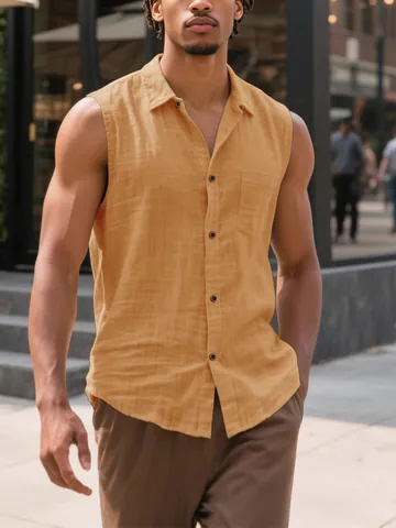 Men's Casual Sleeveless Shirt Linen Blend Breathable Solid Color Lapel Button Up Top With Pocket For Summer Daily Wear Fashion