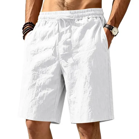Men's Casual Linen Blend Beach Shorts Elastic Waist Drawstring Breathable Summer Five-Point Pants Solid Color Sporty Bottoms