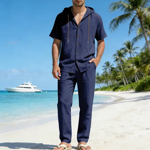 Men's Casual Linen Summer Set Hooded Short Sleeve Shirt And Straight Leg Pants Relaxed Fit Beach Vacation Outfit