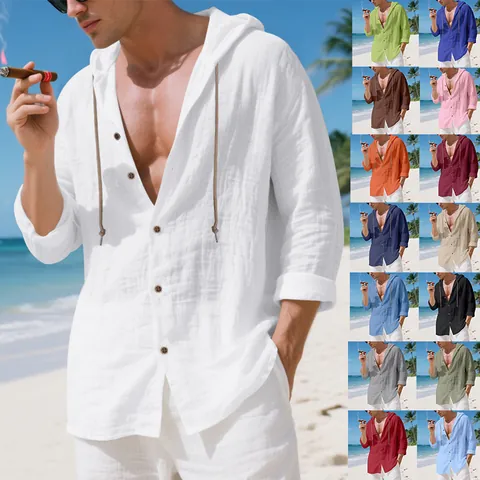 Men Casual Linen Hooded Shirt Loose Fit Long Sleeve Button Down Summer Beach Vacation Hoodies Lightweight Breathable Linen Blend Top