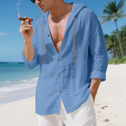 Men Casual Linen Hooded Shirt Loose Fit Long Sleeve Button Down Summer Beach Vacation Hoodies Lightweight Breathable Linen Blend Top