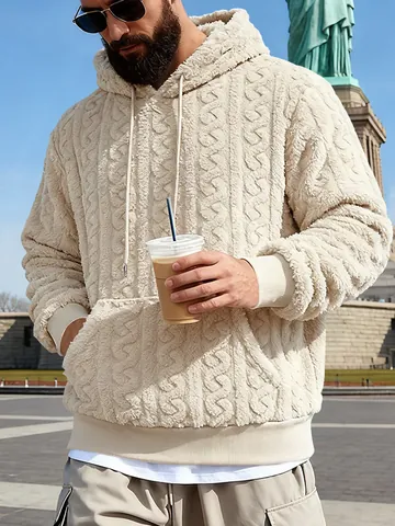 Men's Jacquard Teddy Fleece Hoodie Winter Warm Cable Knit Pullover Sweatshirt With Kangaroo Pocket Outdoor Casual Top
