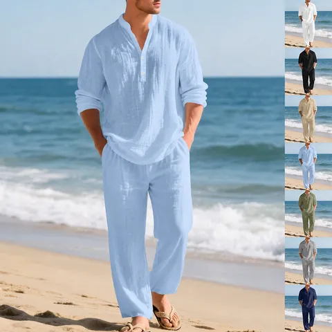 Men's Casual Linen Beach Set Long Sleeve Henley Shirt And Pants Set Solid Color Breathable Summer Vacation Outfit
