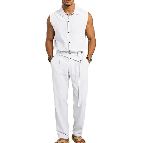 Conjunto de Camisa Sin Mangas y Pantalones de Lino Casual para Hombre Verano Transpirable Top And Bottom Tejido Color Sólido Atuendos de Moda Urbana