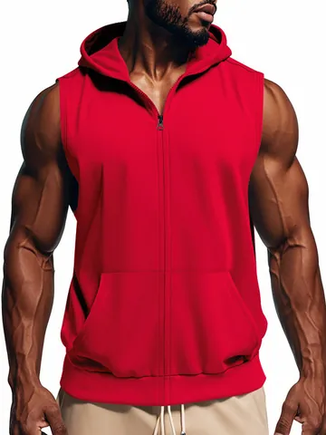 Men's Sleeveless Fitness Hoodie Full Zip Sports Tank Top Quick Dry Muscle Workout Gym Vest For Bodybuilding Top